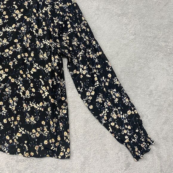 ana Top Womens 2XL Black Beige Floral Smocked Flowy Popover Lightweight Shirt - Picture 3 of 10